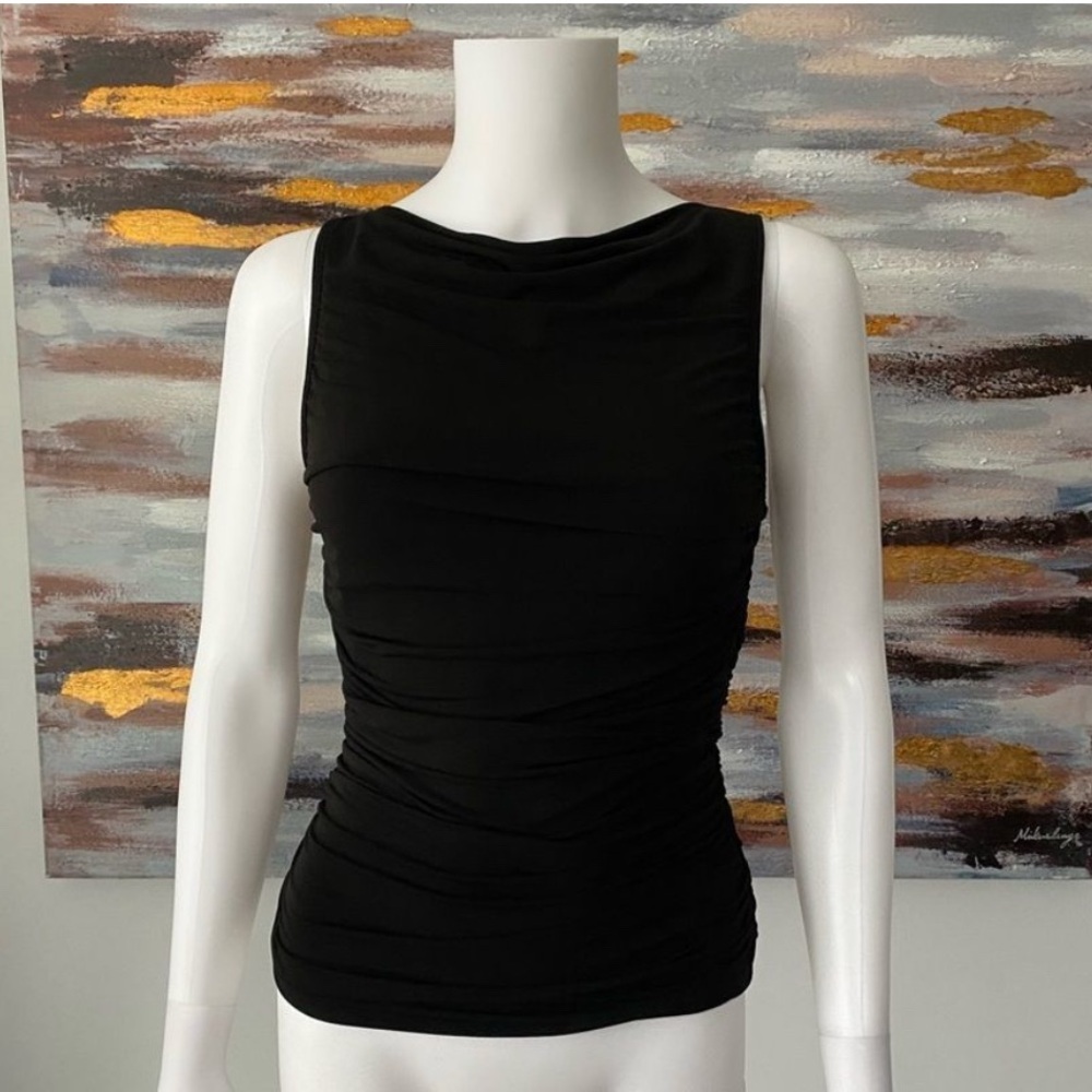 ELIE TAHARI Black Boatneck Sleeveless Ruched Top